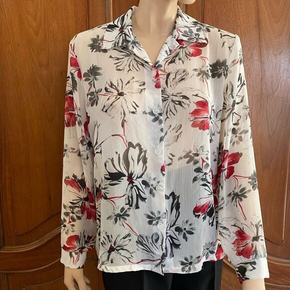 Vintage Blouse Sheer Button Up Shirt Floral Print Top Size Medium - Picture 1 of 6